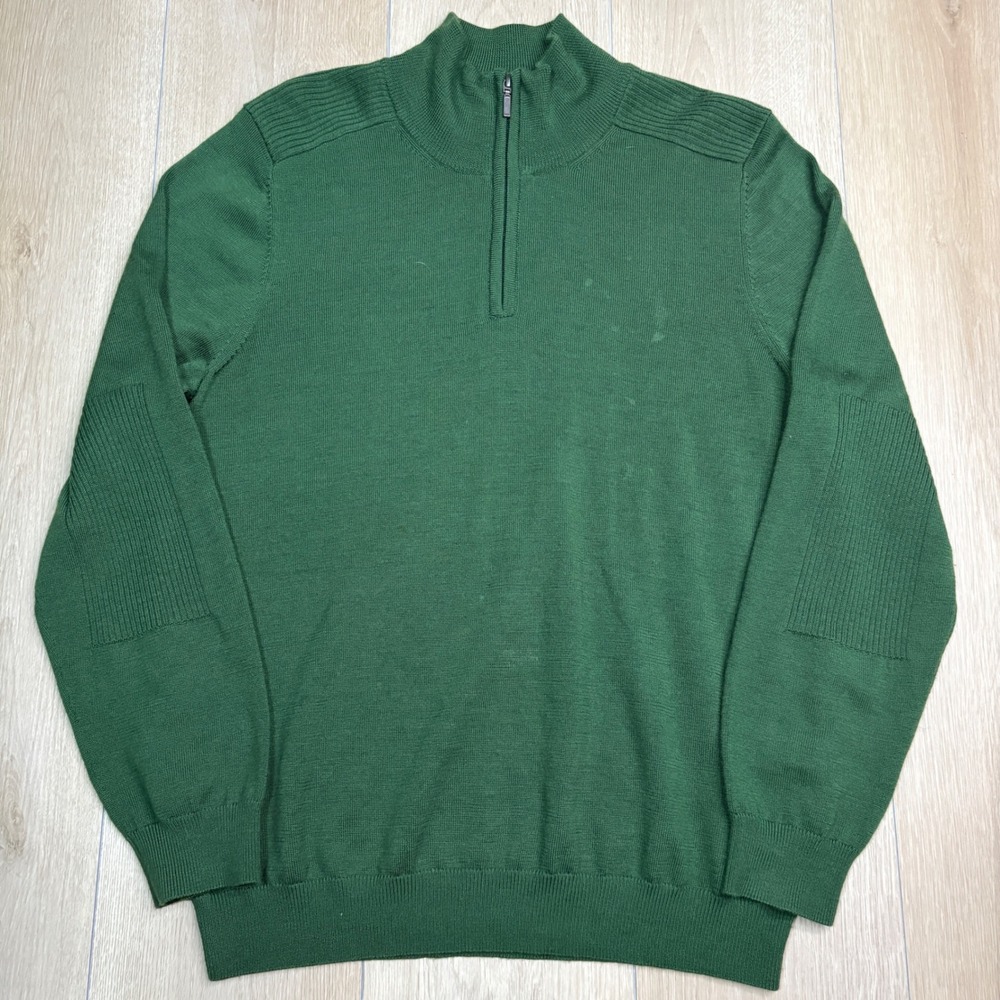 LL Bean Mens Green 100% Merino Wool Quarter Zip Sweater Ribbed Elbow Patch M